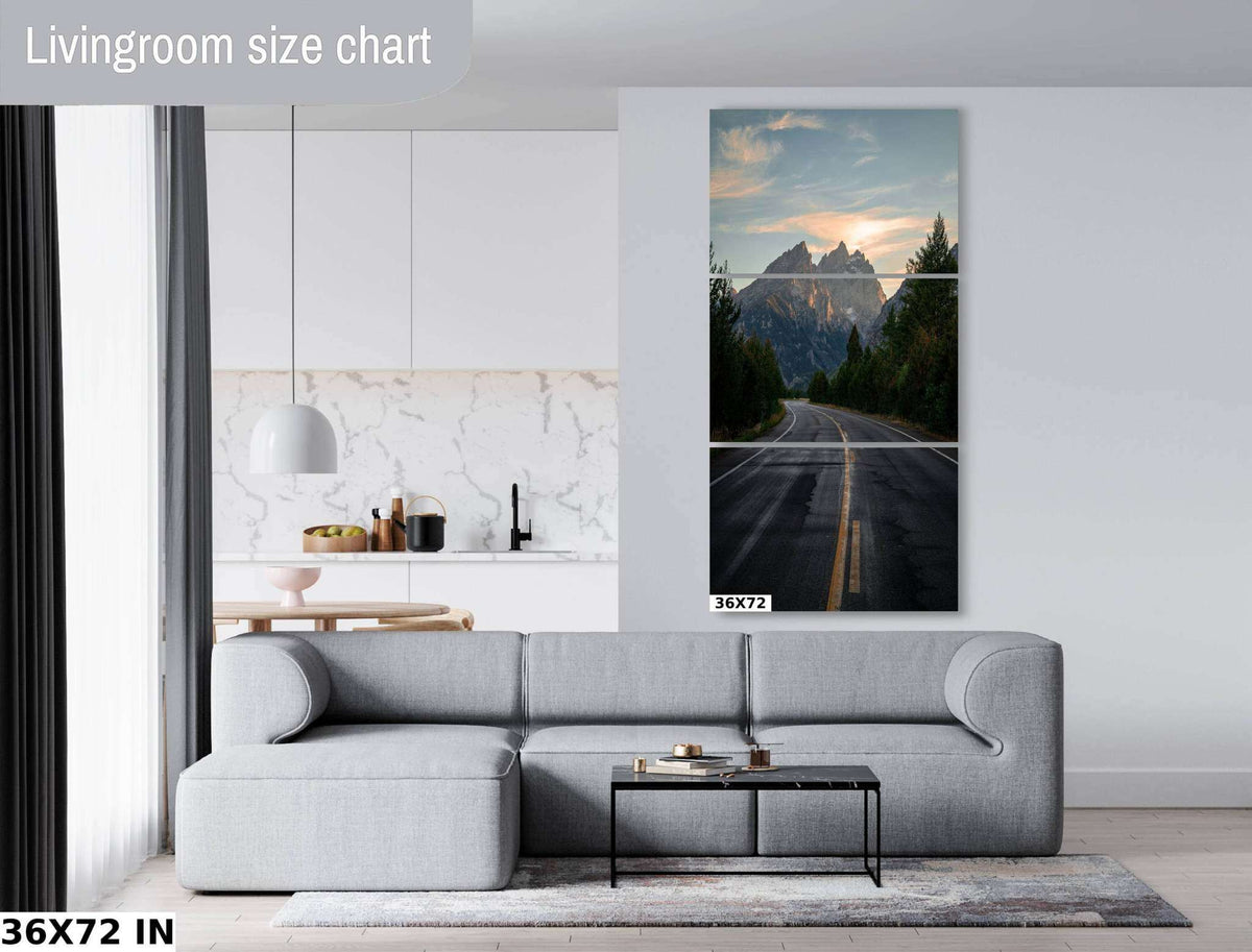 Grand Teton Wall Art in a three-panel vertical print showing a mountain range at sunset above a forest road