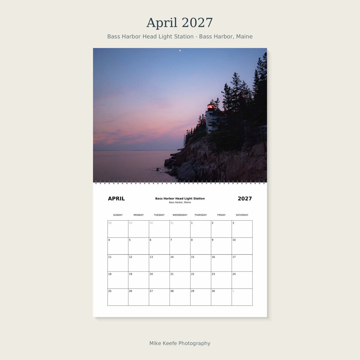 2027 Maine Lighthouses wall calendar page with a sunset photograph of Bass Harbor Head Light on rocky shore and a monthly grid.