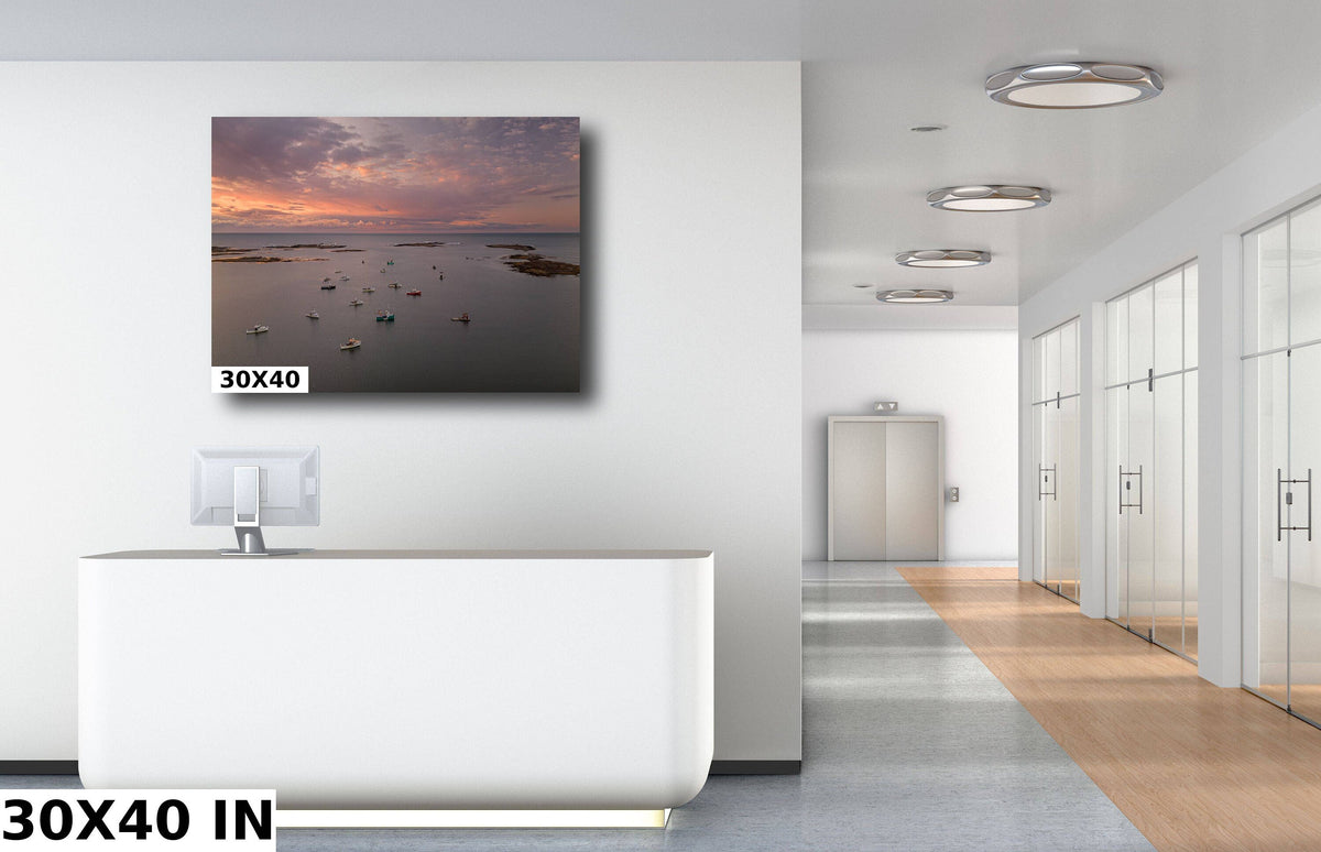 Maine Coastal Wall Art, Cape Porpoise Harbor Sunrise Aerial Print