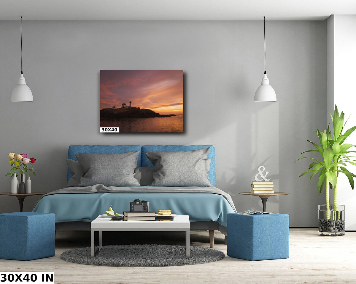 Nubble Lighthouse Wall Art, Maine Coastal Sunrise Fine Art Print