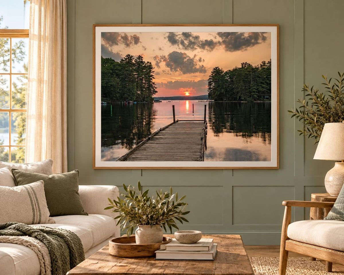Lake House Wall Art, Great East Lake Dock Sunset Landscape Print