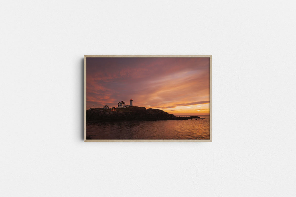 Nubble Lighthouse Wall Art, Maine Coastal Sunrise Fine Art Print
