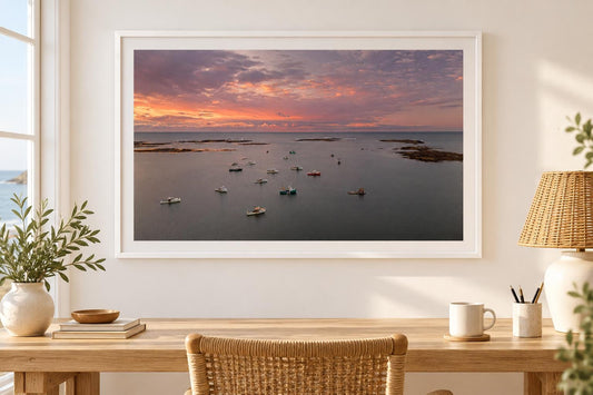 Maine Coastal Wall Art, Cape Porpoise Harbor Sunrise Aerial Print