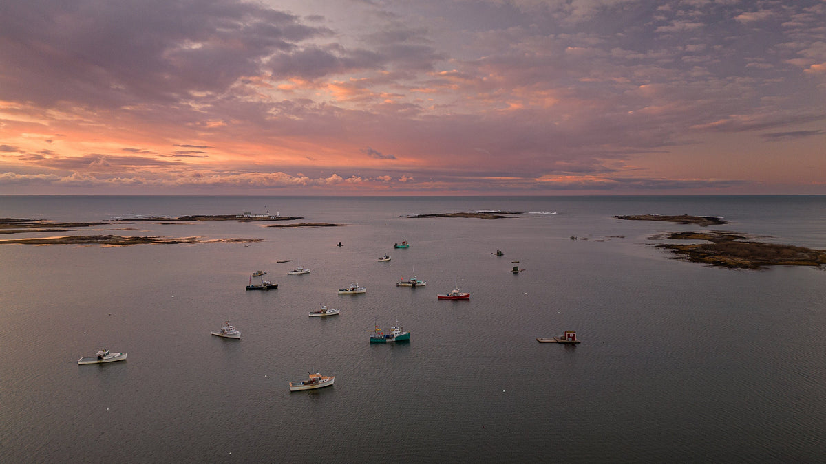 Maine Coastal Wall Art, Cape Porpoise Harbor Sunrise Aerial Print