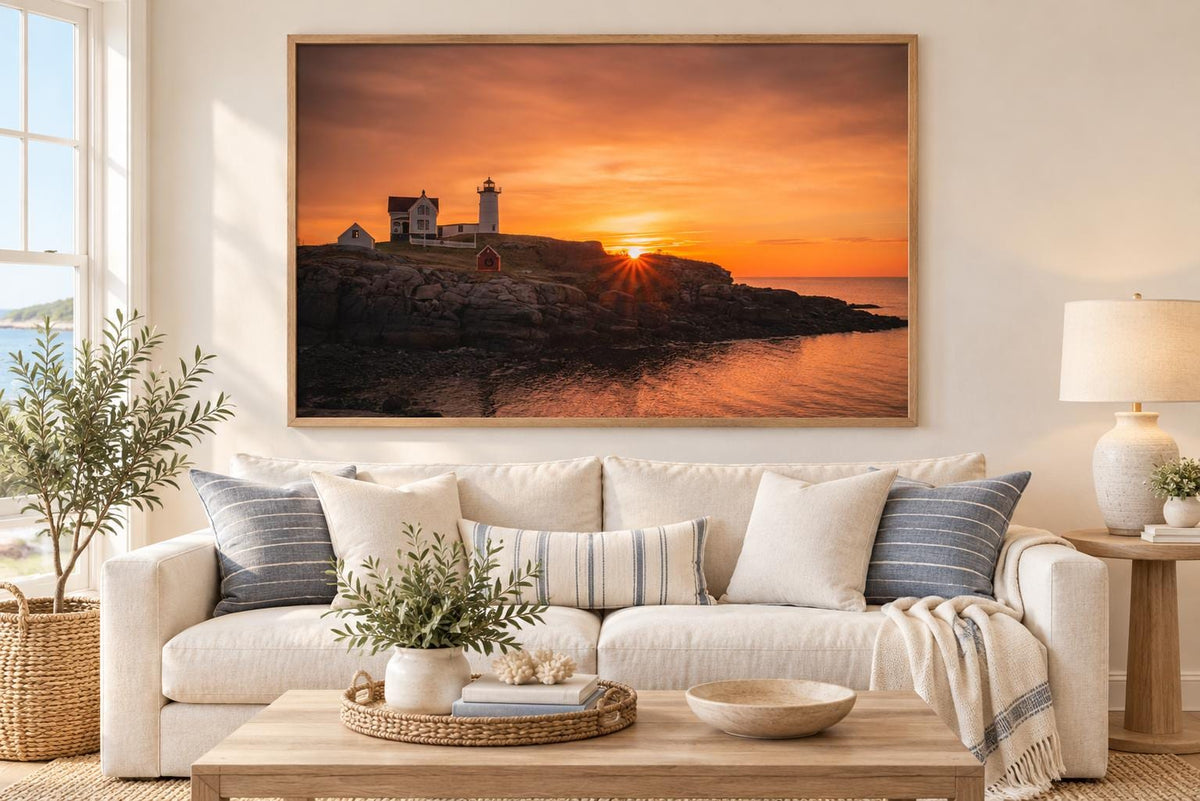 Nubble Lighthouse Print, Sunrise Photo, Cape Neddick Maine Coast Art