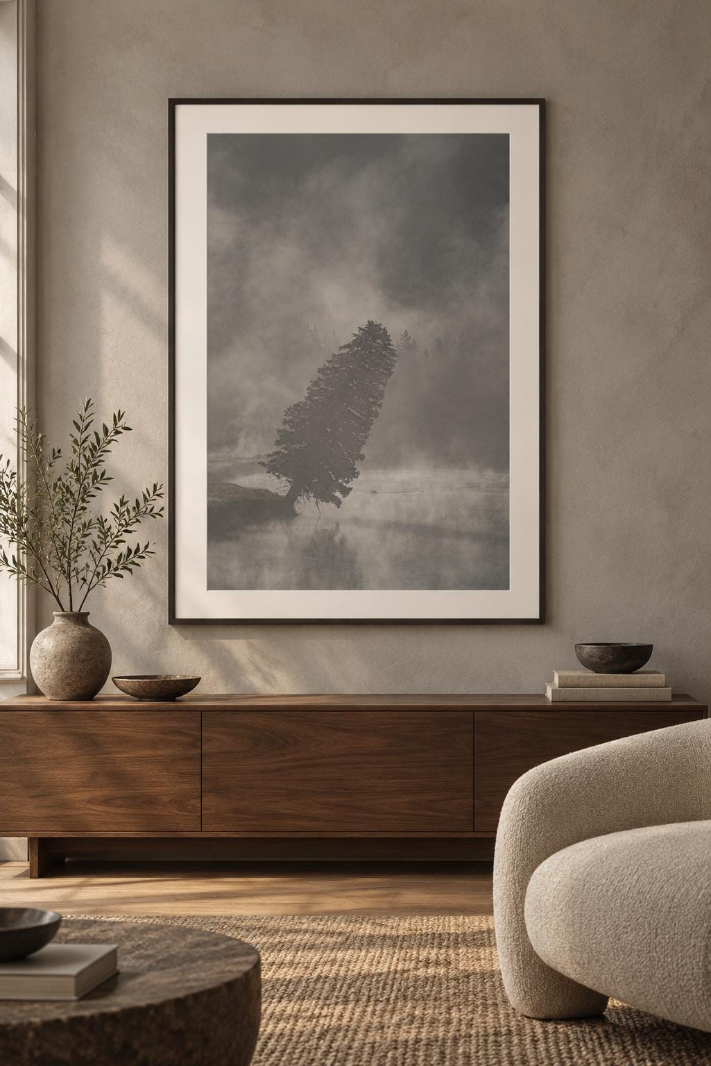 Yellowstone National Park Print, Leaning Tree Foggy Wyoming Wall Art