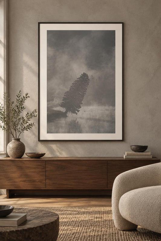Yellowstone National Park Print, Leaning Tree Foggy Wyoming Wall Art