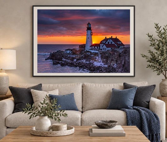Portland Head Light Print, Winter Sunrise Cape Elizabeth Wall Art