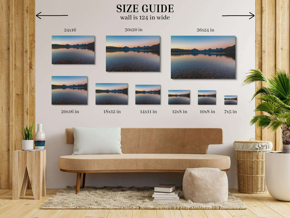 Glacier National Park Print shows a blue mountain lake at sunset in multiple sizes on a living room size guide wall