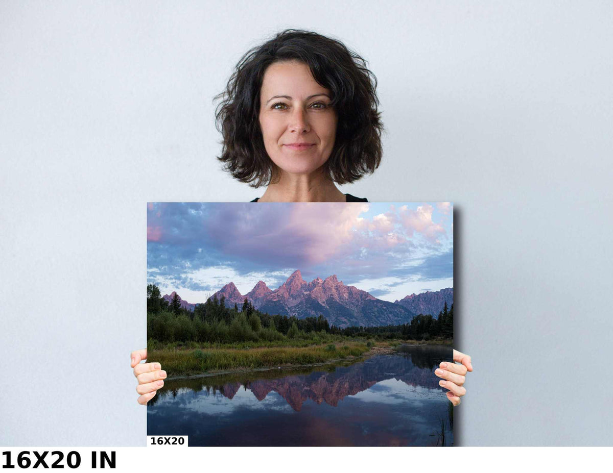 Grand Teton Sunrise Print featuring a colorful mountain landscape reflected in calm water, with pink and blue clouds