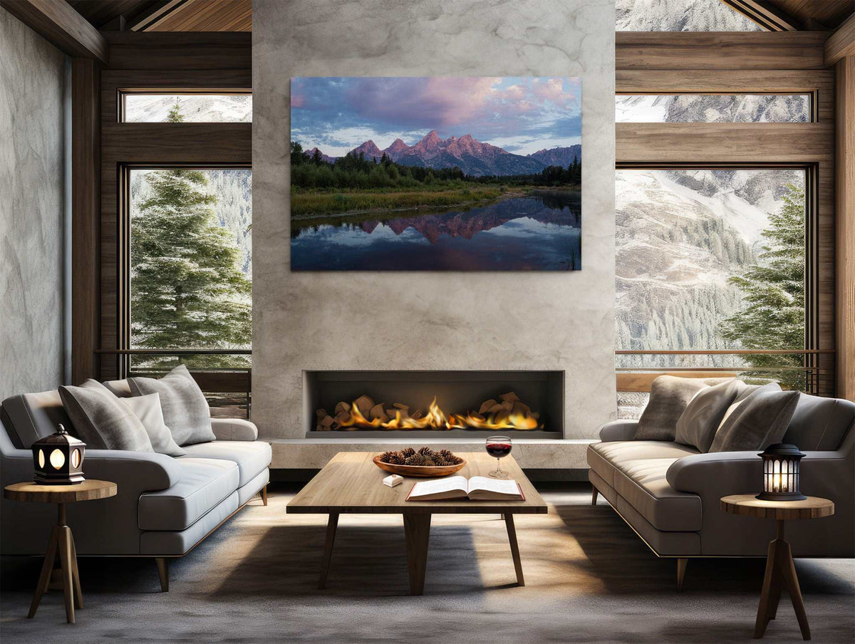Grand Teton Sunrise Print landscape artwork with purple mountain peaks, green shoreline, and mirrored lake under a cloudy sky