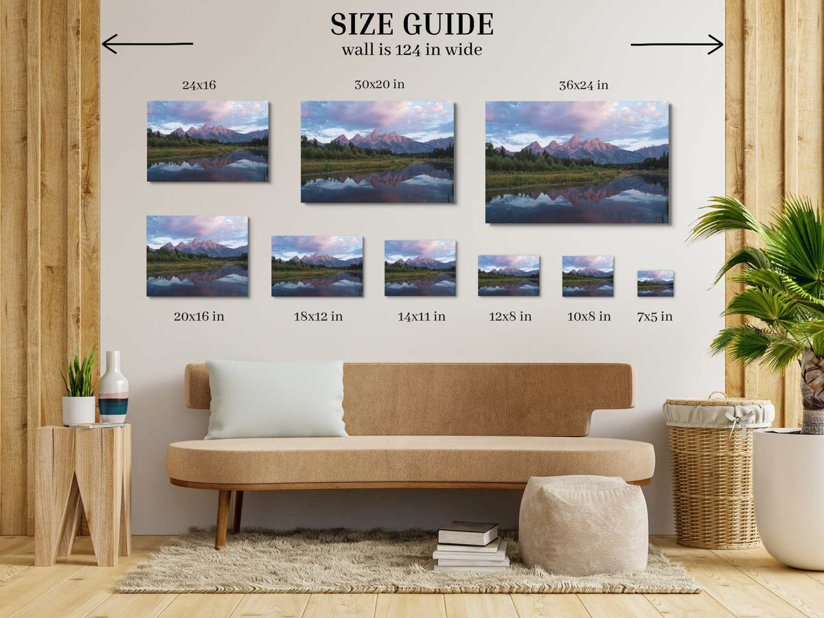Grand Teton Sunrise Print size guide showing mountain landscape prints in multiple sizes displayed above a sofa