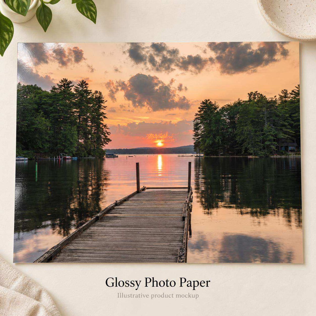Great East Lake Dock Sunset Print, a glossy photo paper landscape with a wooden dock, still water, and orange sunset