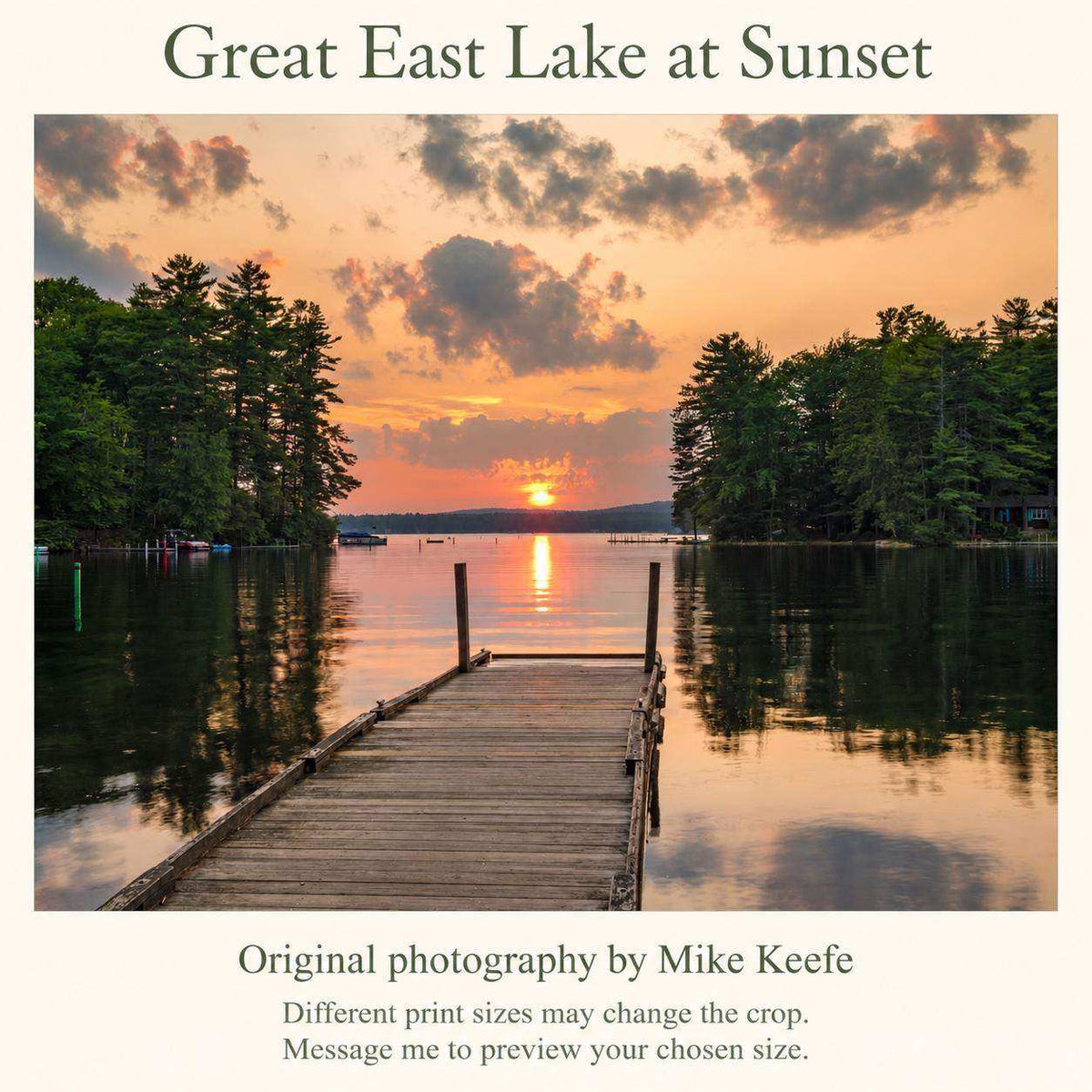 Great East Lake Dock Sunset Print, a warm-toned landscape print showing a wooden dock beneath a pink-orange sky