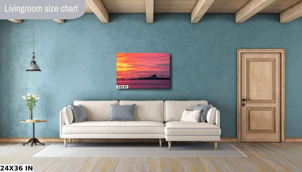 Kittery Maine Photography canvas print with vivid pink-orange sunrise over calm water and a dark island silhouette