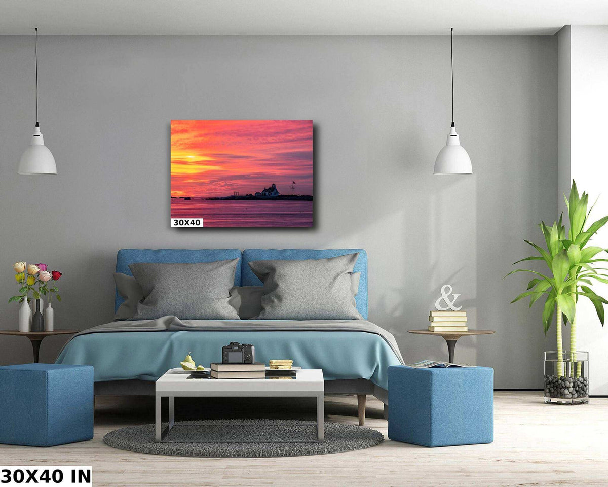 Kittery Maine Photography print with a historic island station on calm water beneath a vivid pink and orange sunrise sky.