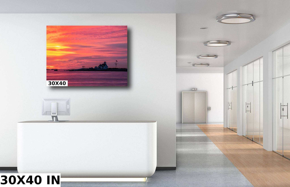 Coastal wall art print featuring Kittery Maine Photography, a historic station silhouetted beneath a vivid pink and orange sunset