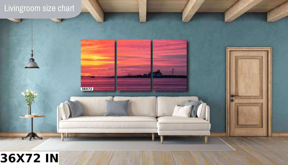 Kittery Maine Photography triptych wall print shows Wood Island Life Saving Station at sunset over calm water in vivid pink and orange hues.