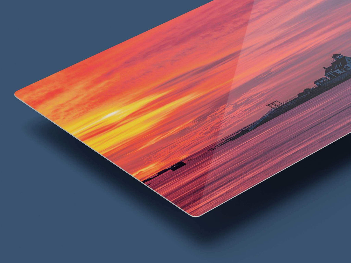 Metal coastal art print of Kittery Maine Photography, featuring Wood Island Life Saving Station and vivid red-orange sunrise skies