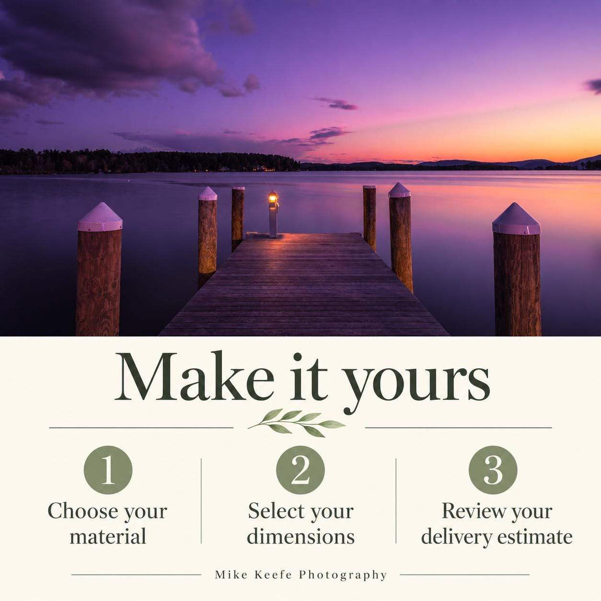 Lake Winnipesaukee Sunset Photography print with a wooden dock, calm water, and vivid purple, pink, and orange skies