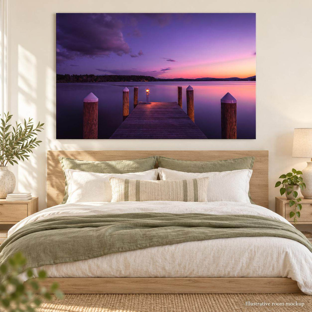 Lake Winnipesaukee Sunset Photography print showing a wooden dock with capped posts extending over calm water beneath a purple and pink sky