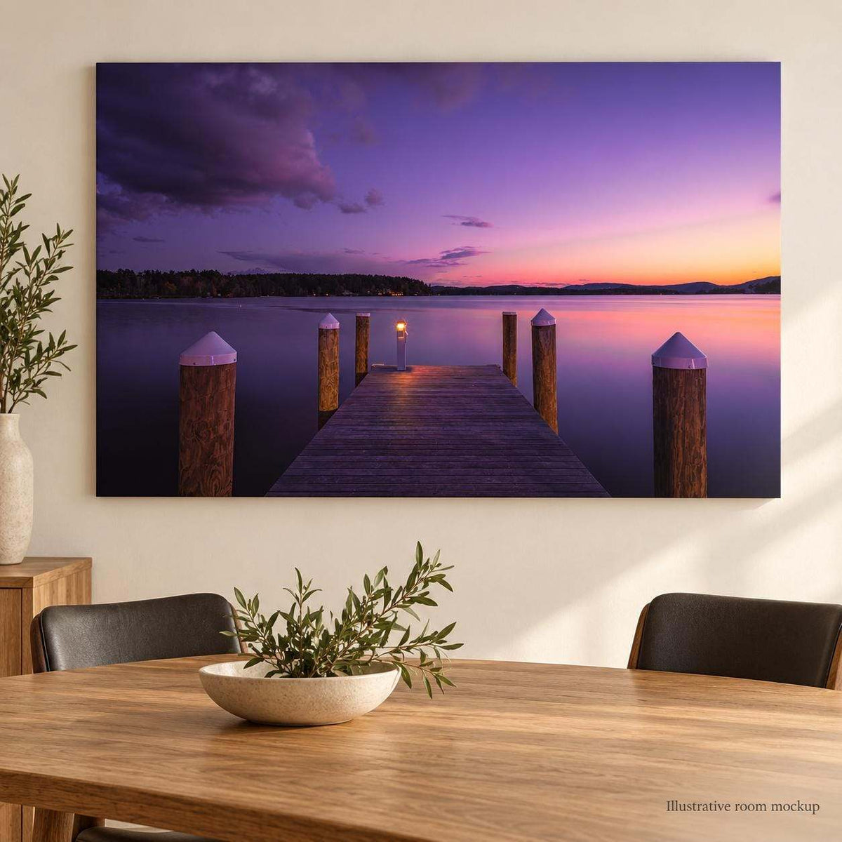 Lake Winnipesaukee Sunset Photography print showing a wooden dock and posts over calm water beneath a purple-pink sky
