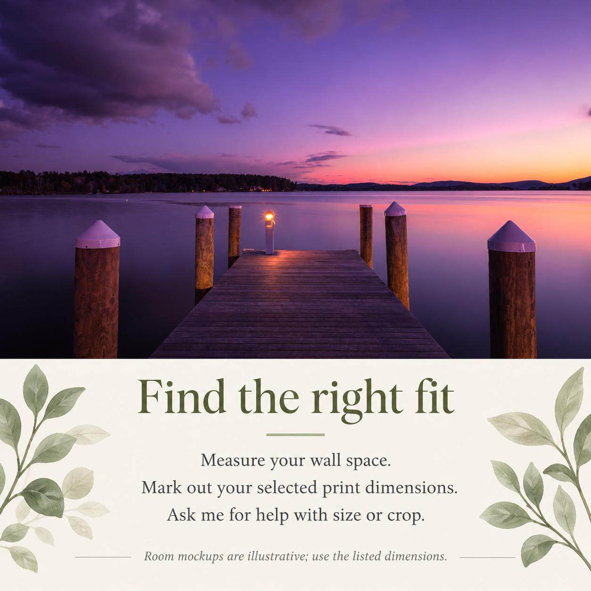 Lake Winnipesaukee Sunset Photography print showing a wooden dock with capped pilings on calm water beneath a purple and pink sky