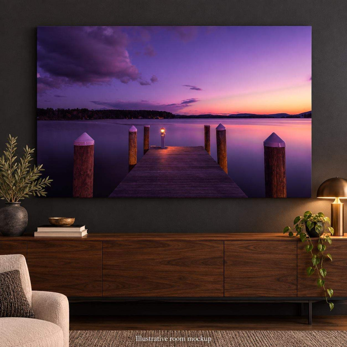 Lake Winnipesaukee Sunset Photography print showing a wooden dock, calm water, and purple-pink-orange sunset