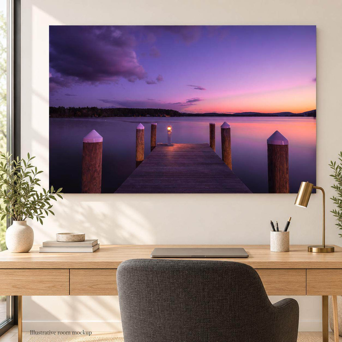 Lake Winnipesaukee Sunset Photography print showing a wooden dock with posts extending over calm water beneath a purple and pink sunset