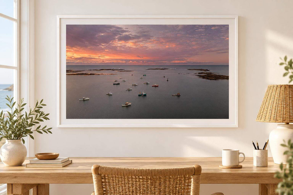 Maine Coastal Wall Art framed harbor print featuring anchored fishing boats beneath a pink and orange sunrise sky
