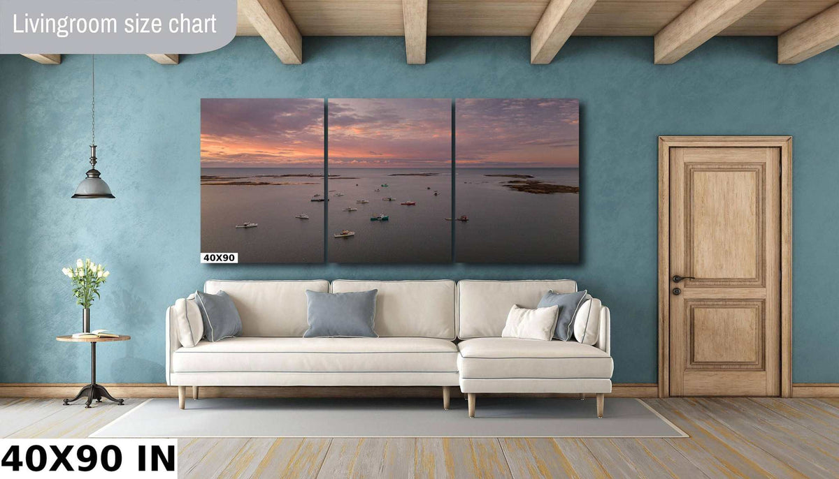 Maine Coastal Wall Art featuring a three-panel aerial harbor photo with fishing boats beneath a pink and orange sunrise sky