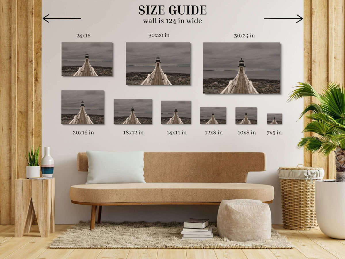 Marshall Point Lighthouse Print shown in multiple sizes, featuring a pale wooden walkway leading to a dark lighthouse above a rocky shore