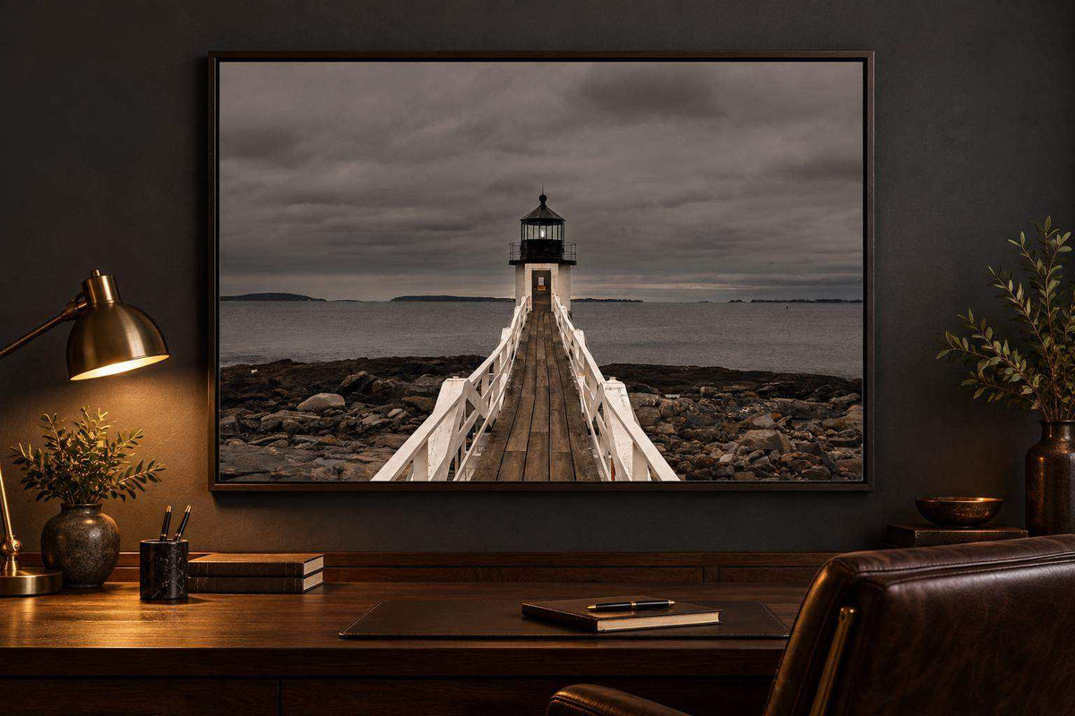 Marshall Point Lighthouse Print showing a dark coastal photograph with a white walkway leading to a lighthouse beneath stormy gray skies