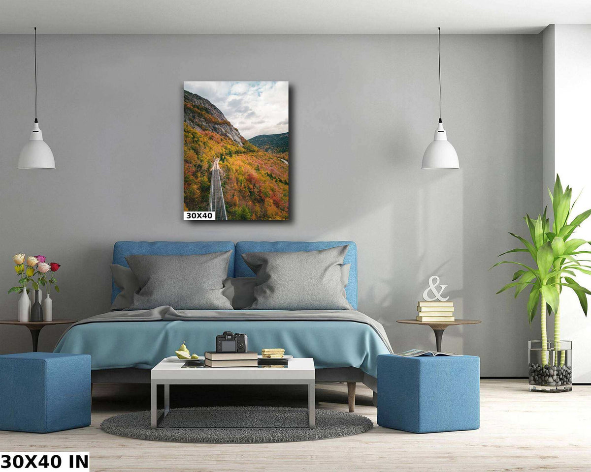 New Hampshire Fall Foliage Print showing a colorful mountain valley with a railroad track winding through autumn trees