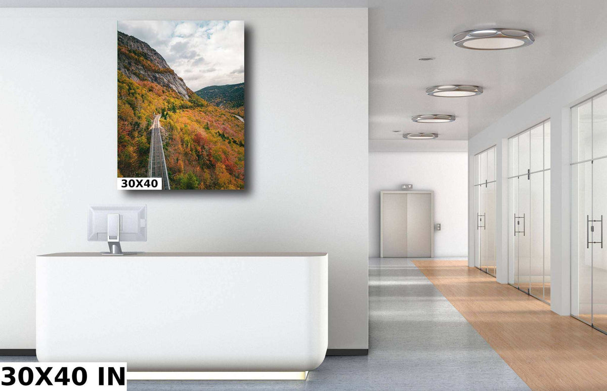 New Hampshire Fall Foliage Print showing a vertical mountain railroad scene with autumn-colored trees and a winding track