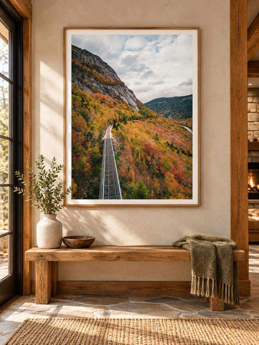 New Hampshire Fall Foliage Print featuring a framed mountain railroad photo with vivid orange and gold autumn trees