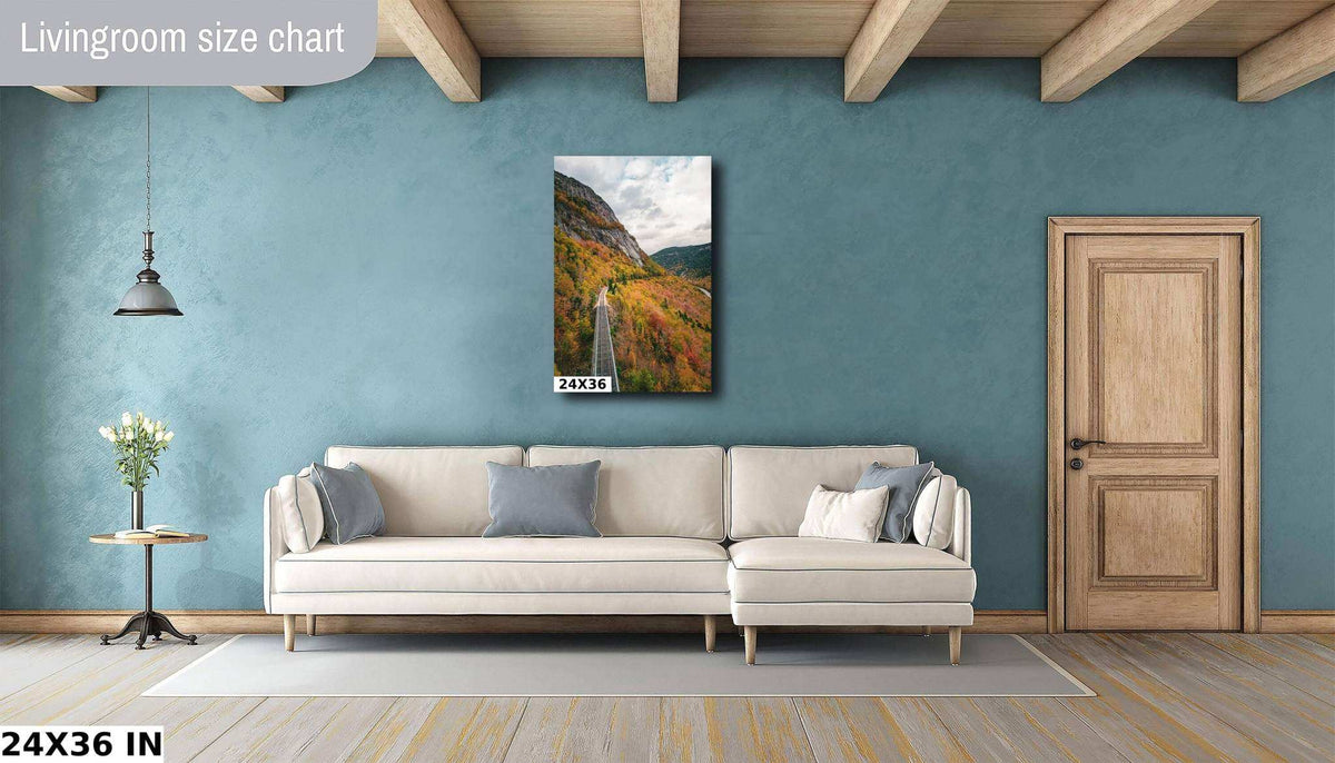 New Hampshire Fall Foliage Print showing a railroad track through colorful autumn mountains beneath a cloudy sky