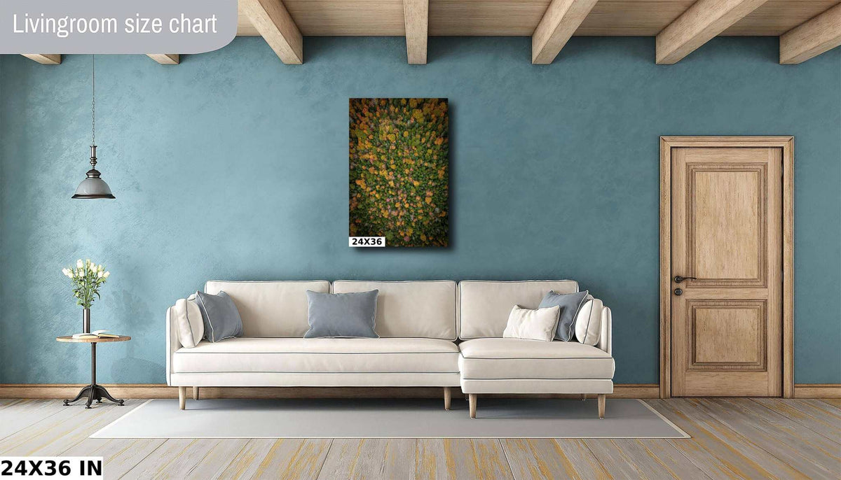 New Hampshire Fall Landscape wall art print showing an aerial canopy of trees in rich green, orange and gold autumn colors