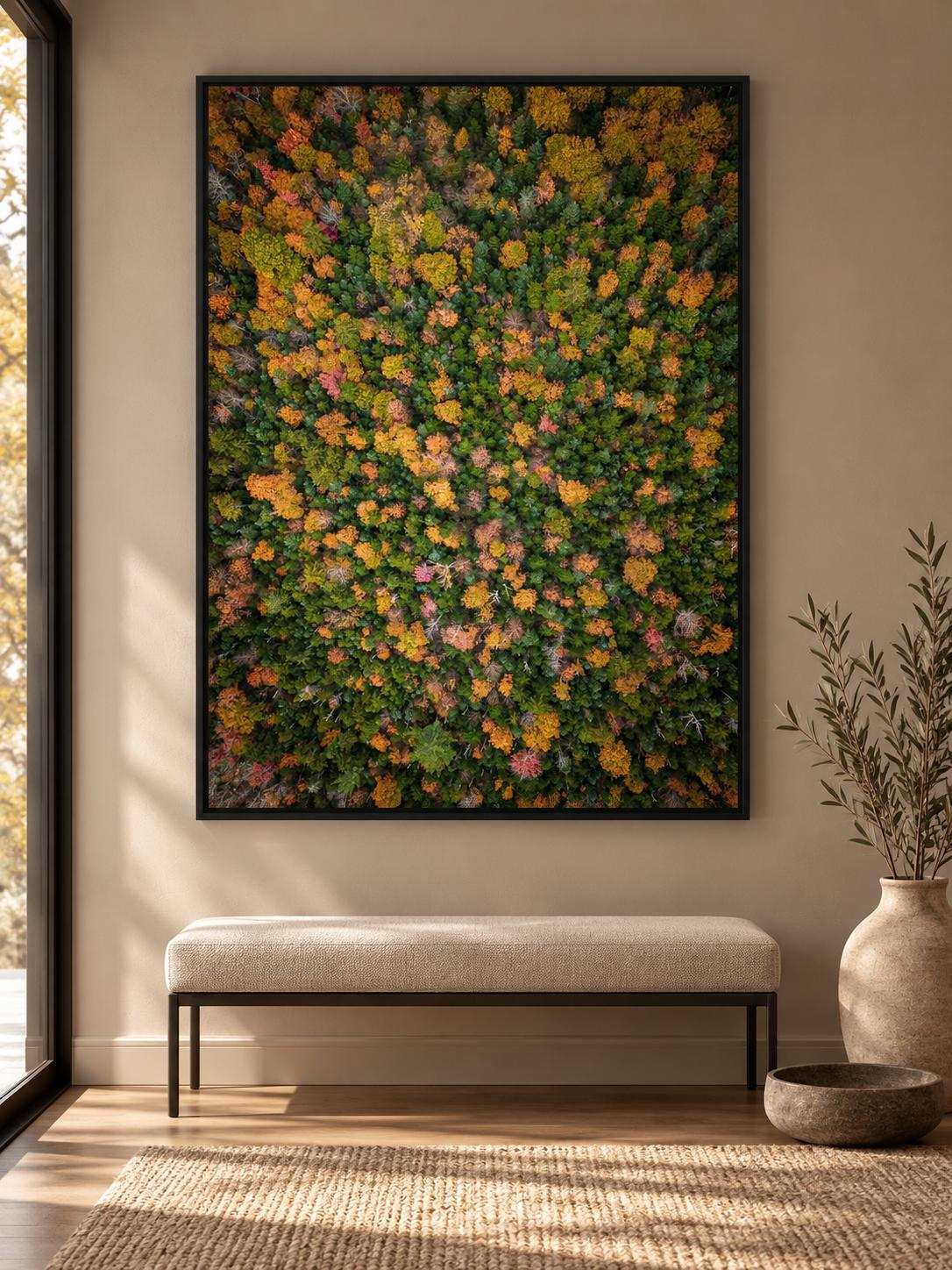 New Hampshire Fall Landscape aerial forest print with dense autumn canopy in greens, golds, oranges, and red