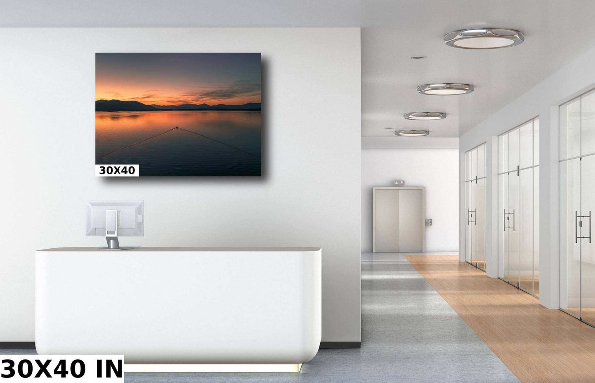 Ossipee Lake Wall Art shows a panoramic sunset lake print in orange and blue tones, with mountains and a small boat