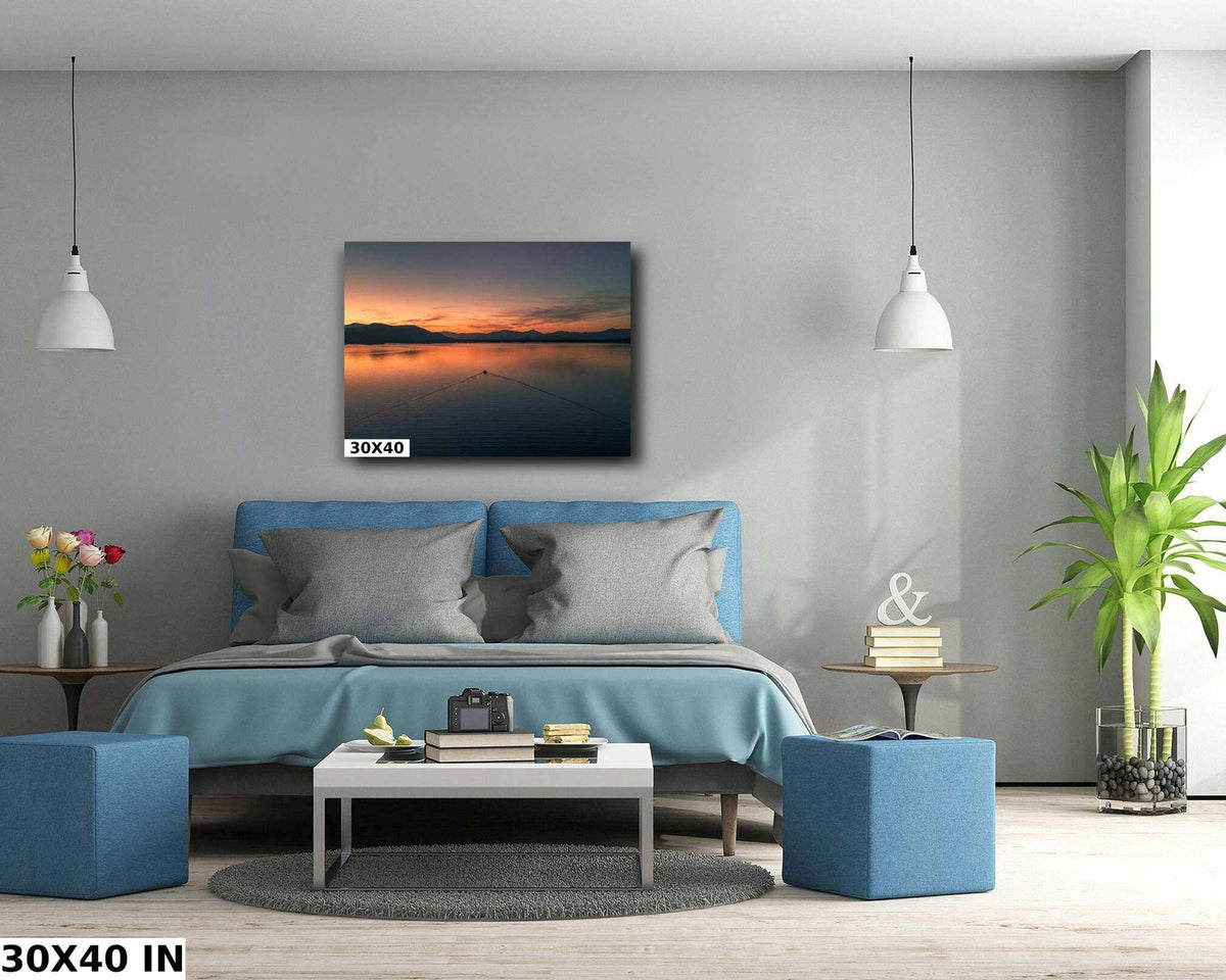 Ossipee Lake Wall Art showing a sunset landscape print with orange skies reflected on calm water and distant mountains