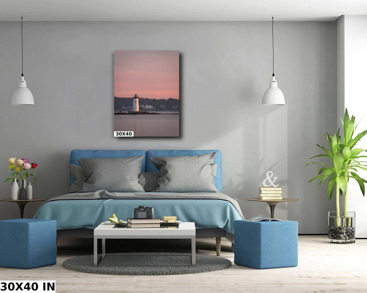 Portsmouth Harbor Lighthouse Art print with a white lighthouse, pink sunrise sky, and muted coastal colors in a framed canvas