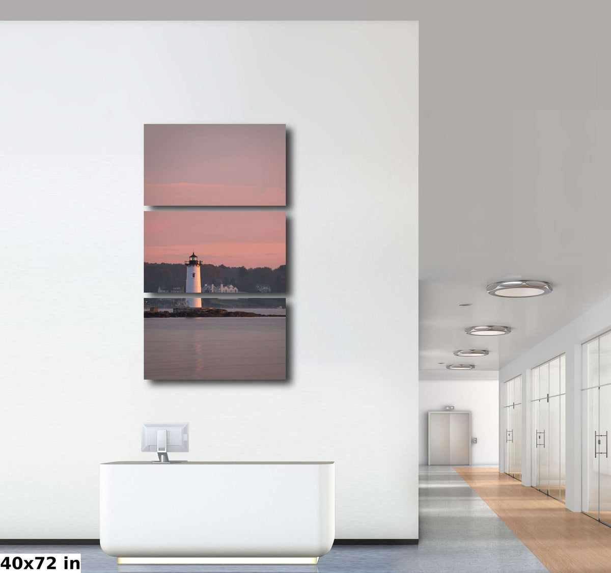 Portsmouth Harbor Lighthouse Art in a three-panel canvas showing a white lighthouse, pink sunrise sky, and calm water