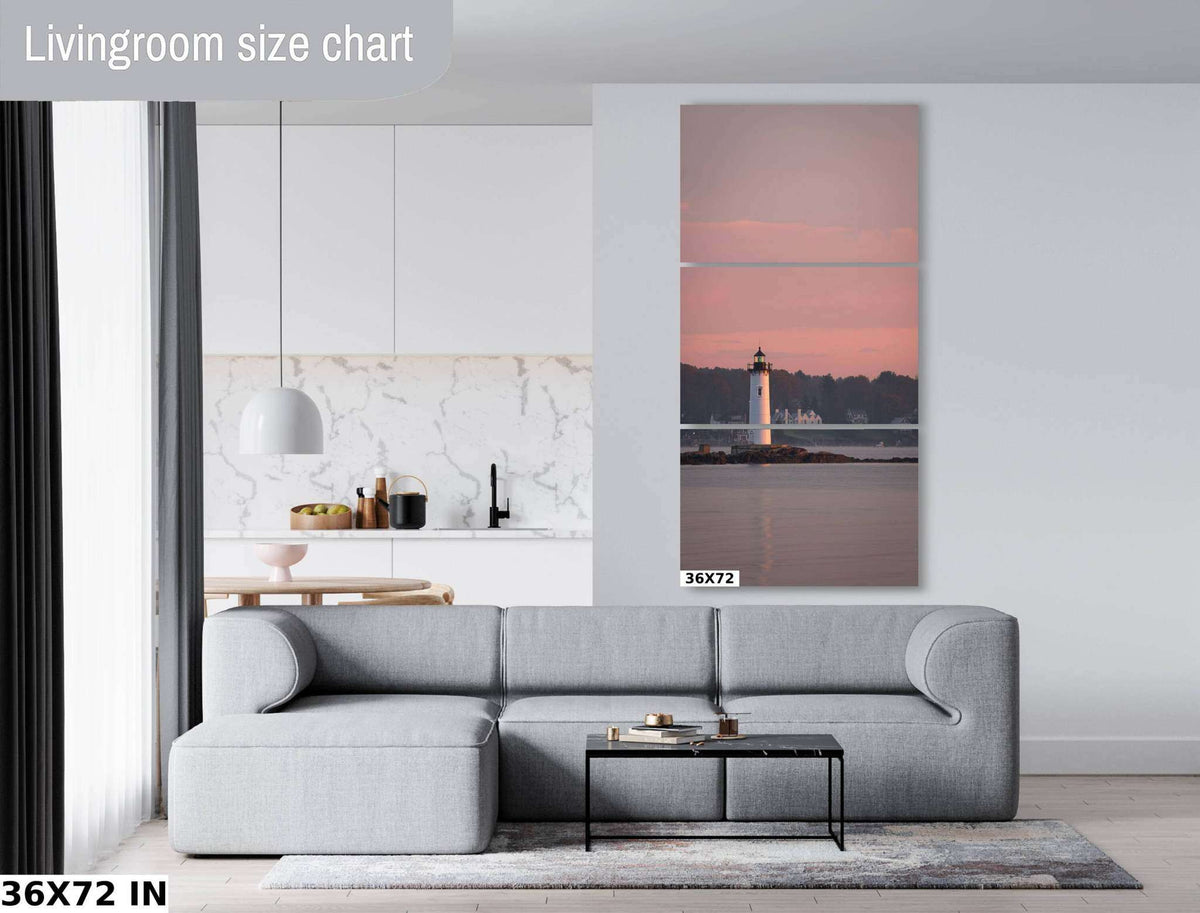 Portsmouth Harbor Lighthouse Art shows a white lighthouse against a pink sunrise sky, displayed as a tall wall print
