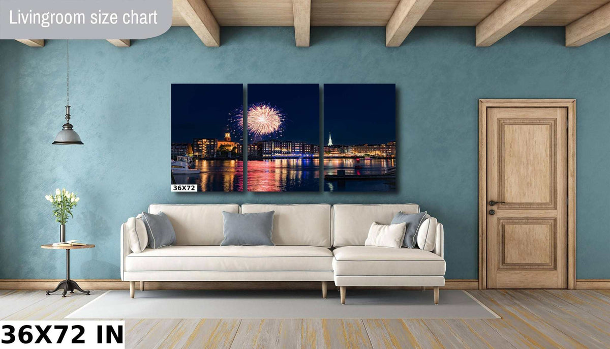 Portsmouth NH Fireworks Print shown as a three-panel harbor scene with a bright pink burst over waterfront buildings at night