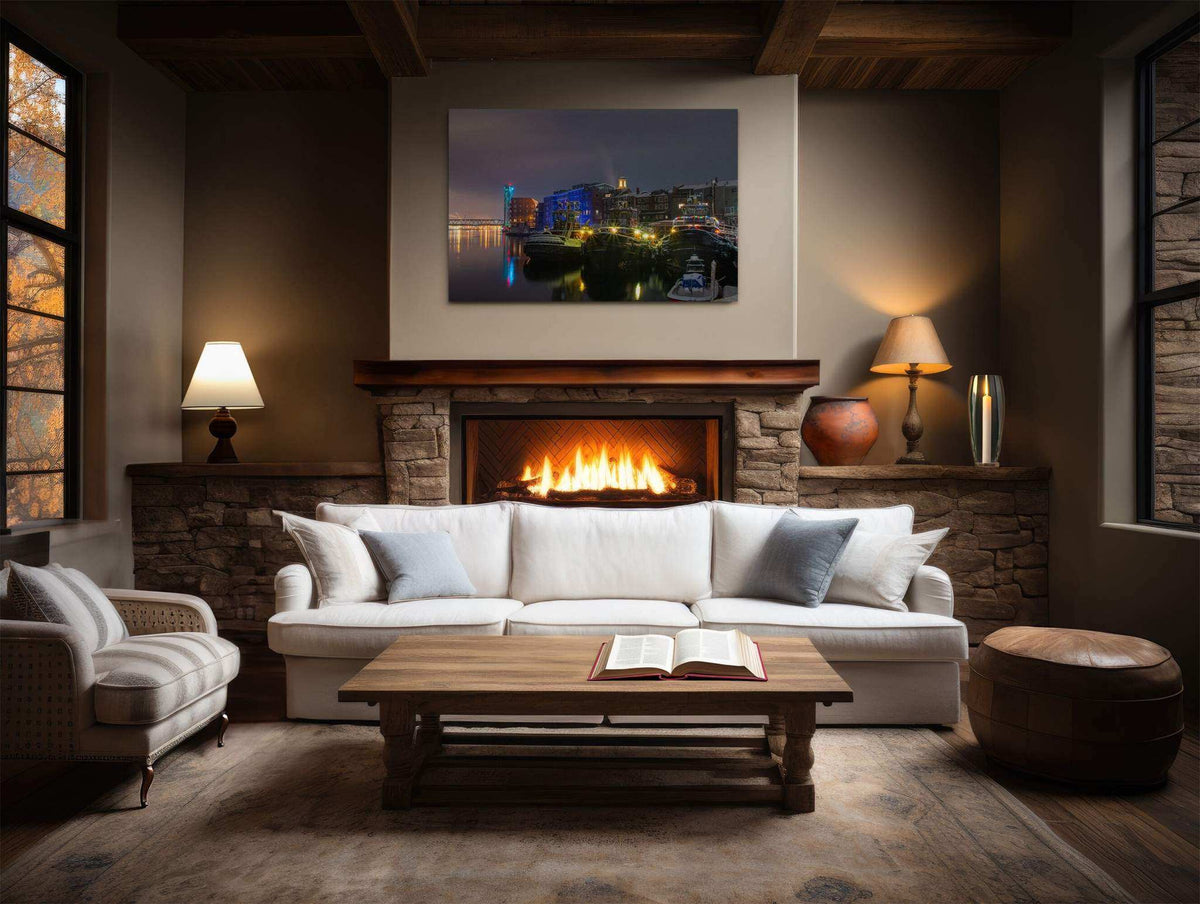 Portsmouth NH Wall Art showing a framed nighttime harbor print with illuminated boats, colorful waterfront lights, and dark water