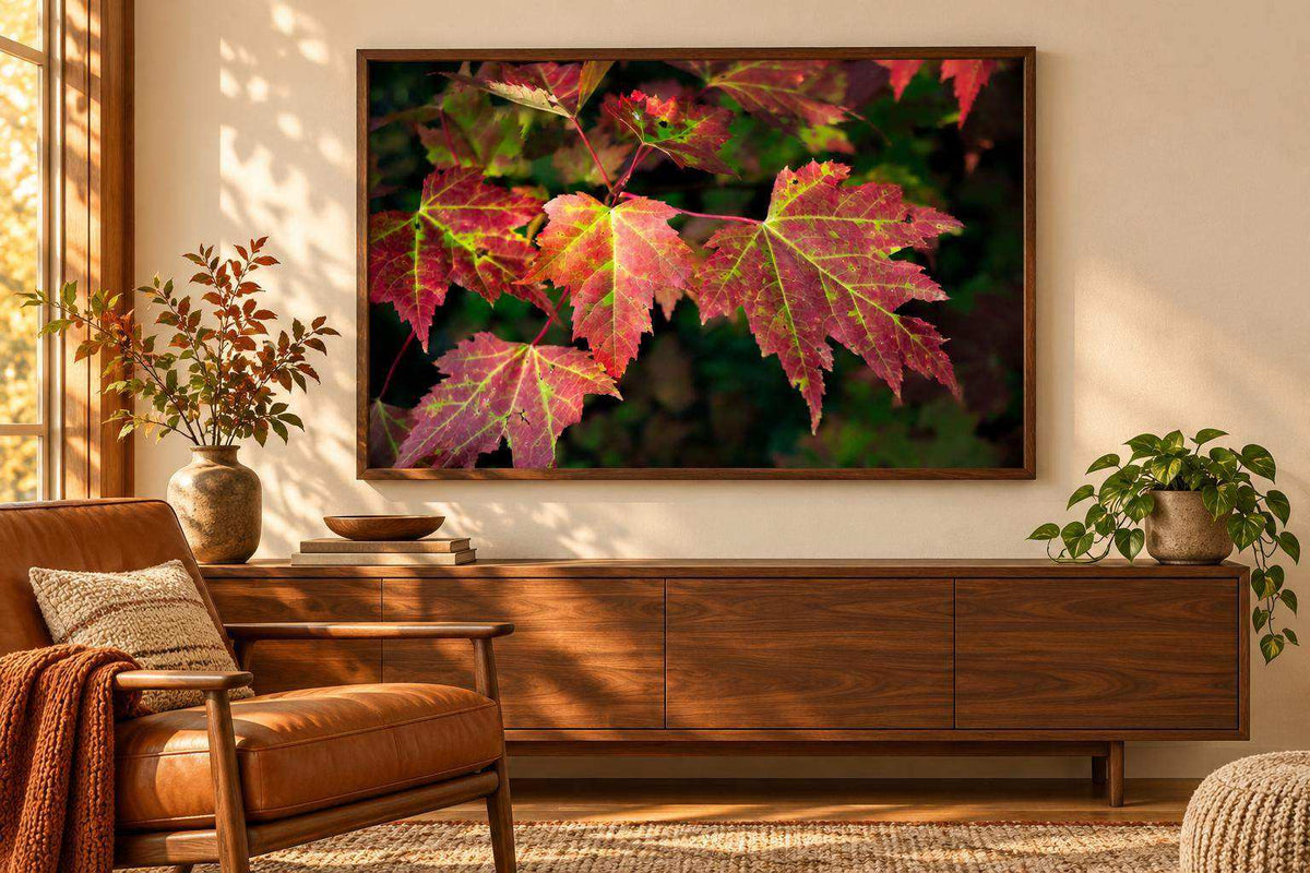 Red Maple Leaf Print showing vibrant crimson and green maple leaves with fine veins and natural autumn detail