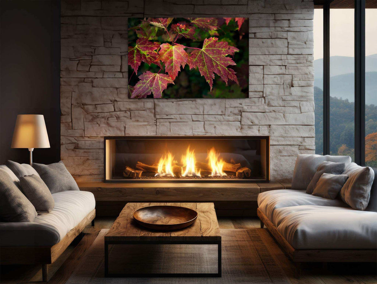 Red Maple Leaf Print shows red and green maple leaves with detailed veins against a dark background