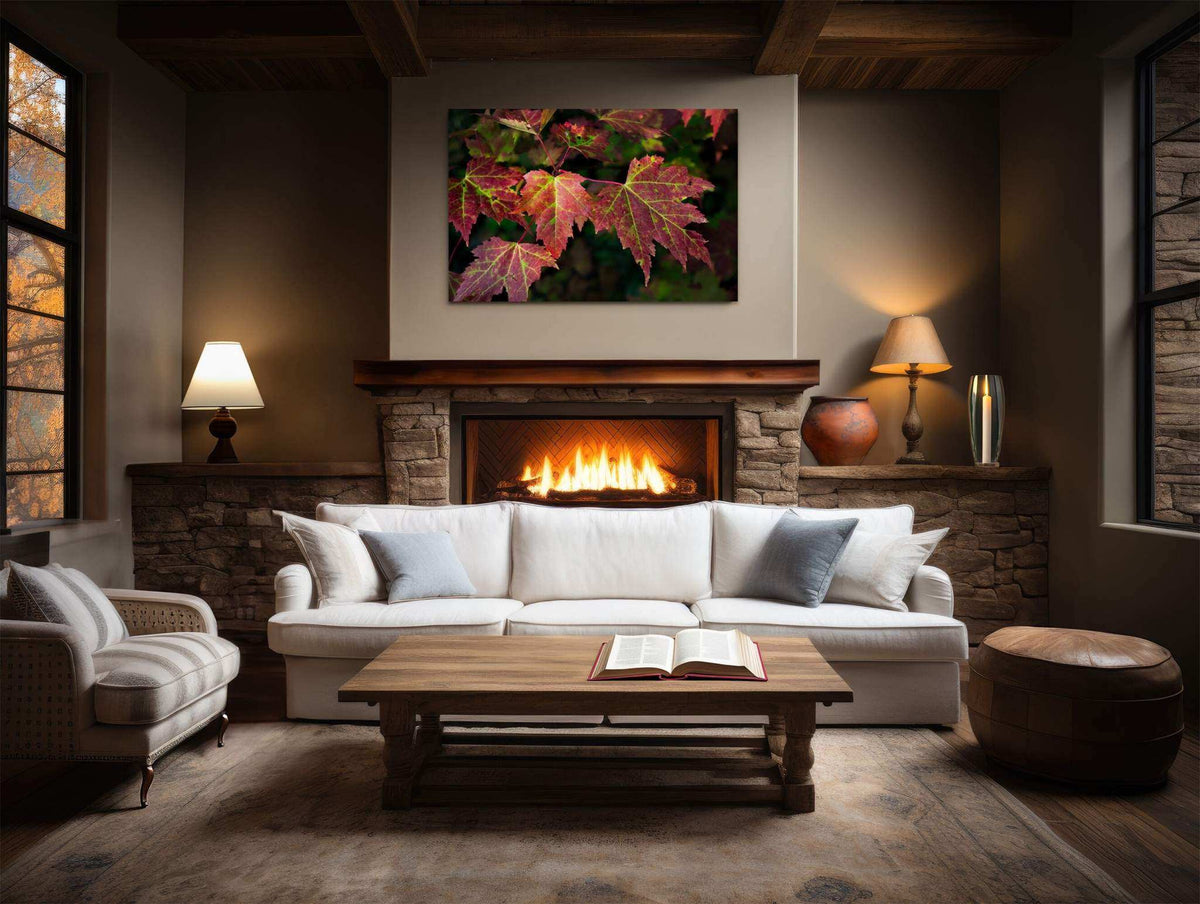 Red Maple Leaf Print featuring a vibrant red and pink maple leaf with detailed veins against a dark background