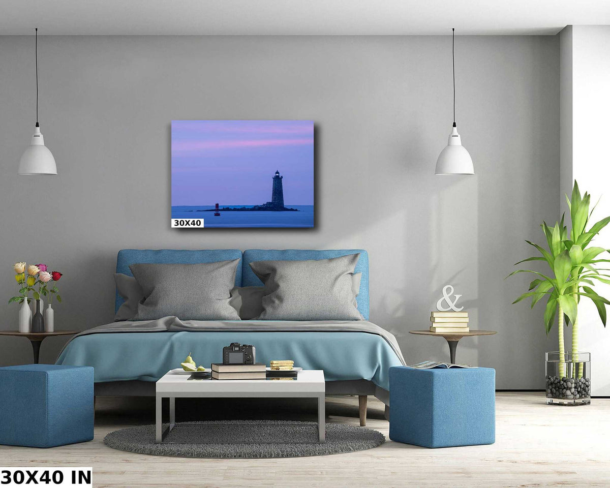 Whaleback Lighthouse Print with a dark lighthouse on calm blue water beneath a soft lavender and pink sky